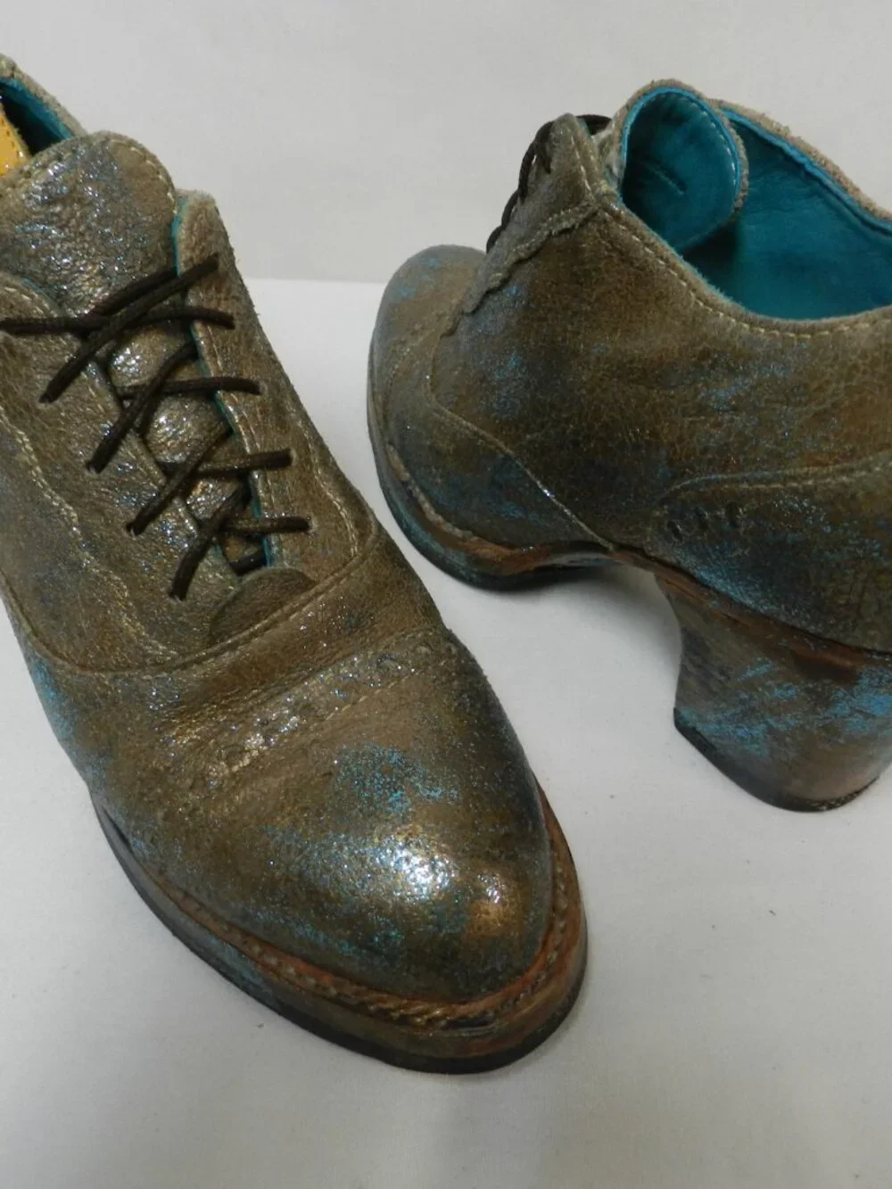 PS Kaufman Crosswalk Leather brown turquoise oxford pumps lace up Size Sz 7.5